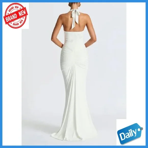 Deep V Neck Ruched Maxi Dress Formal Halter Gown Cocktail Evening - Picture 3 of 8